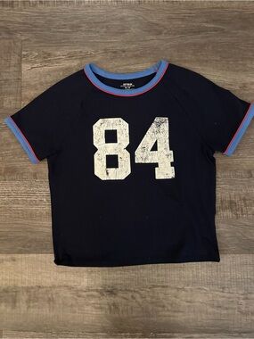 Cotton On Navy Tee with White '84' and Light Blue & Red Trim